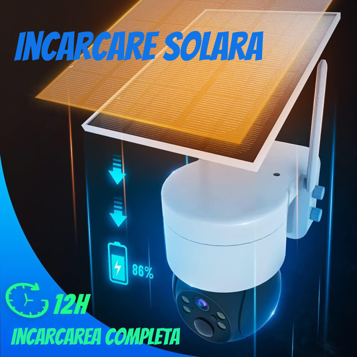 Camera Supraveghere Wireless Exterior cu Incarcare Solara, VisionHub®, Baterie Reincarcabila, Vizualizare 360°, Conectare Telefon, WIFI, 1080P FullHD, 2MP, Audio Bidirectional, alarma, Detectie Miscare PIR, Vizualizare Nocturna Color, Rezistenta la apa