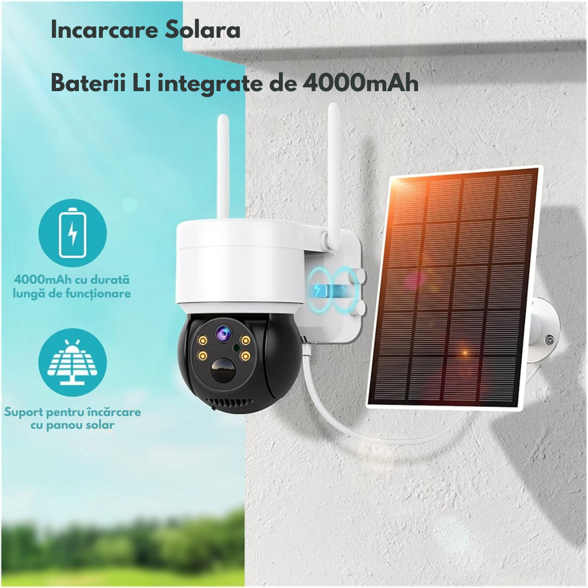 Camera Supraveghere Wireless Exterior cu Incarcare Solara, VisionHub®, Baterie Reincarcabila, Vizualizare 360°, Conectare Telefon, WIFI, 1080P FullHD, 2MP, Audio Bidirectional, alarma, Detectie Miscare PIR, Vizualizare Nocturna Color, Rezistenta la apa