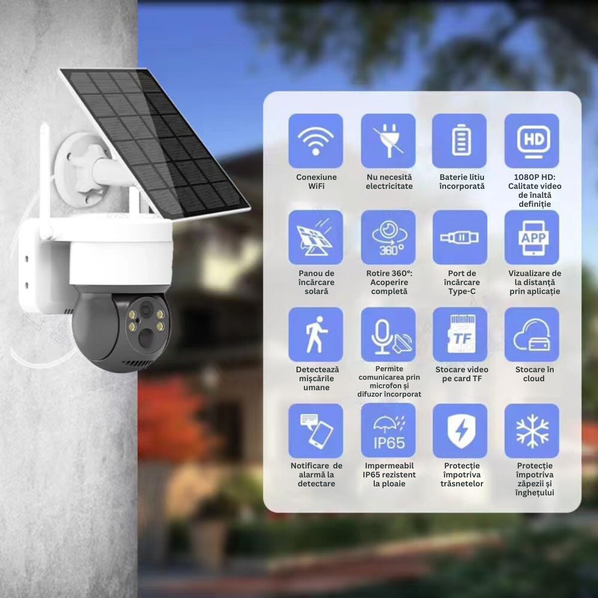 Camera Supraveghere Wireless Exterior cu Incarcare Solara, VisionHub®, Baterie Reincarcabila, Vizualizare 360°, Conectare Telefon, WIFI, 1080P FullHD, 2MP, Audio Bidirectional, alarma, Detectie Miscare PIR, Vizualizare Nocturna Color, Rezistenta la apa
