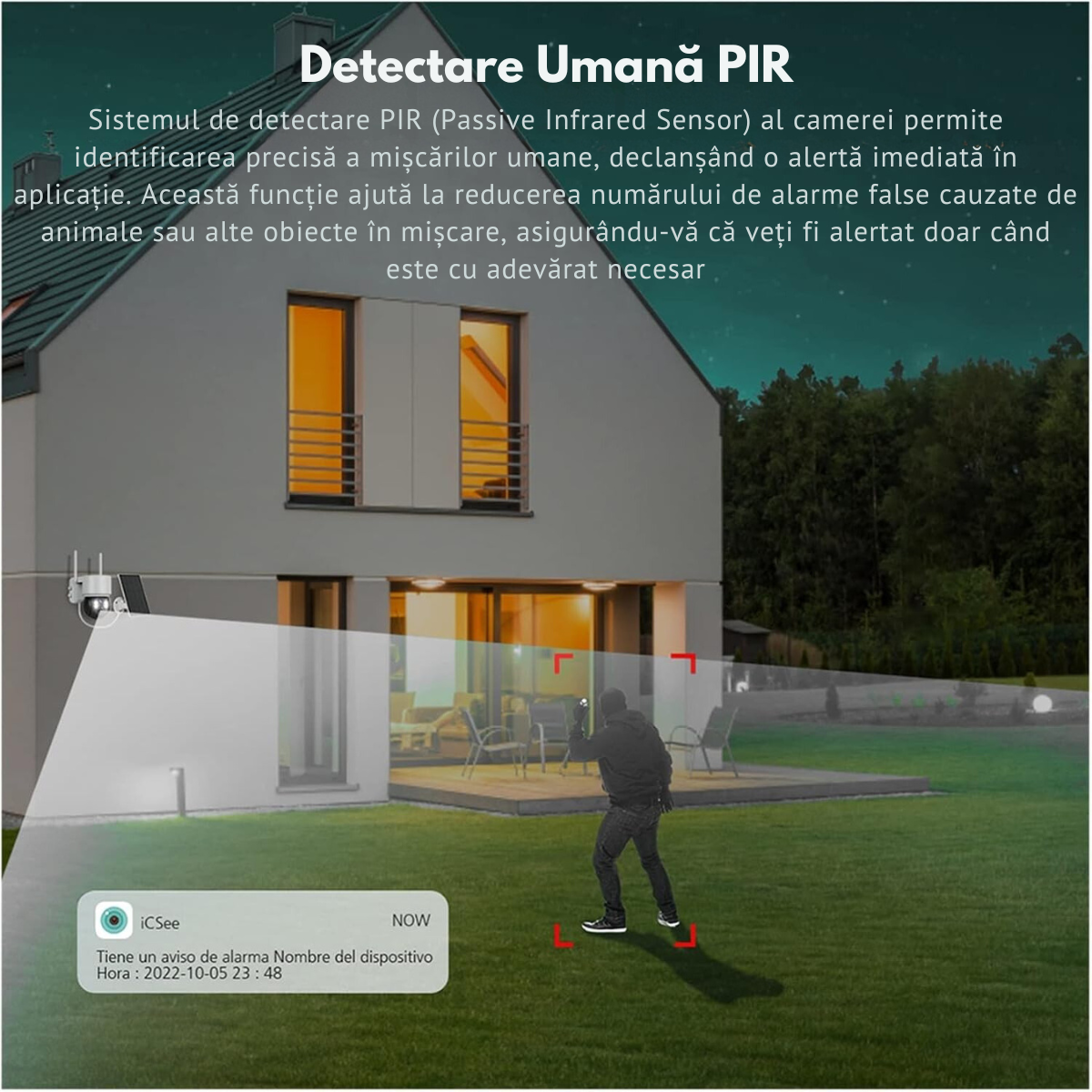Camera Supraveghere Wireless Exterior cu Incarcare Solara, VisionHub®, Baterie Reincarcabila, Vizualizare 360°, Conectare Telefon, WIFI, 1080P FullHD, 2MP, Audio Bidirectional, alarma, Detectie Miscare PIR, Vizualizare Nocturna Color, Rezistenta la apa