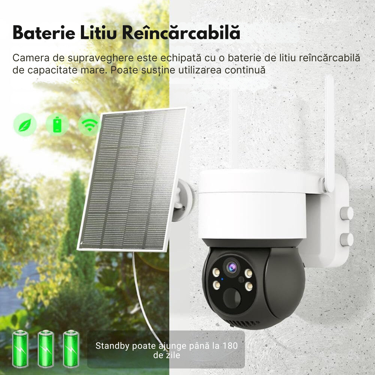 Camera Supraveghere Wireless Exterior cu Incarcare Solara, VisionHub®, Baterie Reincarcabila, Vizualizare 360°, Conectare Telefon, WIFI, 1080P FullHD, 2MP, Audio Bidirectional, alarma, Detectie Miscare PIR, Vizualizare Nocturna Color, Rezistenta la apa