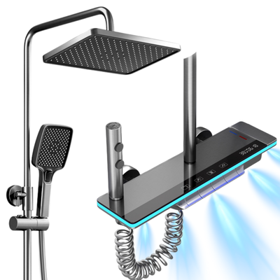 Set de dus cu Iluminare LED si afisaj Digital al Temperaturi, coloana VisionHub® cu termostat si turbina generatoare de curent integrata, montare pe perete, 4 functii de curgere a apei, dus reglabil, fix tip ploaie, dus bideu, robinet, Grafit