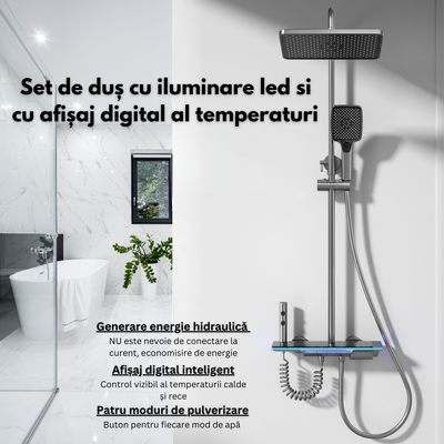 Set de dus cu Iluminare LED si afisaj Digital al Temperaturi, coloana VisionHub® cu termostat si turbina generatoare de curent integrata, montare pe perete, 4 functii de curgere a apei, dus reglabil, fix tip ploaie, dus bideu, robinet, Grafit