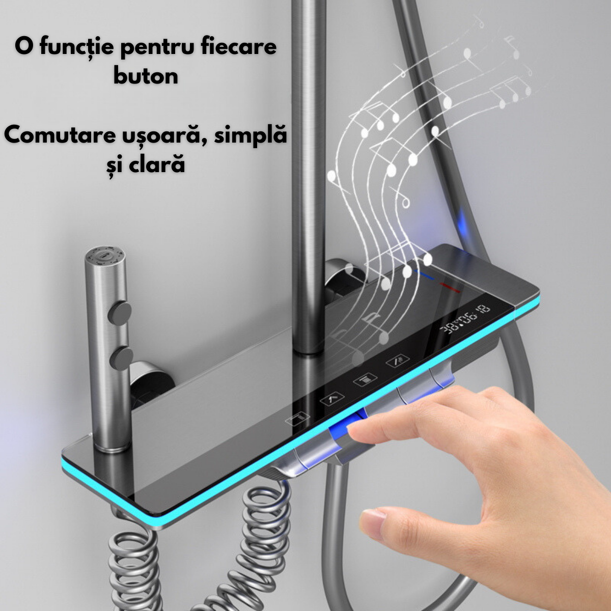 Set de dus cu Iluminare LED si afisaj Digital al Temperaturi, coloana VisionHub® cu termostat si turbina generatoare de curent integrata, montare pe perete, 4 functii de curgere a apei, dus reglabil, fix tip ploaie, dus bideu, robinet, Grafit