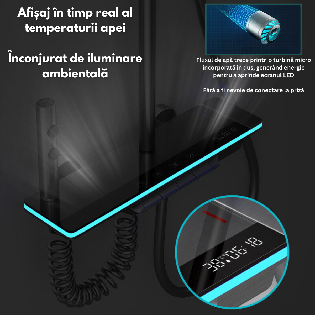 Set de dus cu Iluminare LED si afisaj Digital al Temperaturi, coloana VisionHub® cu termostat si turbina generatoare de curent integrata, montare pe perete, 4 functii de curgere a apei, dus reglabil, fix tip ploaie, dus bideu, robinet, Grafit