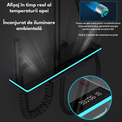 Set de dus cu Iluminare LED si afisaj Digital al Temperaturi, coloana VisionHub® cu termostat si turbina generatoare de curent integrata, montare pe perete, 4 functii de curgere a apei, dus reglabil, fix tip ploaie, dus bideu, robinet, Grafit
