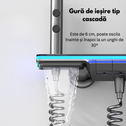 Set de dus cu Iluminare LED si afisaj Digital al Temperaturi, coloana VisionHub® cu termostat si turbina generatoare de curent integrata, montare pe perete, 4 functii de curgere a apei, dus reglabil, fix tip ploaie, dus bideu, robinet, Grafit