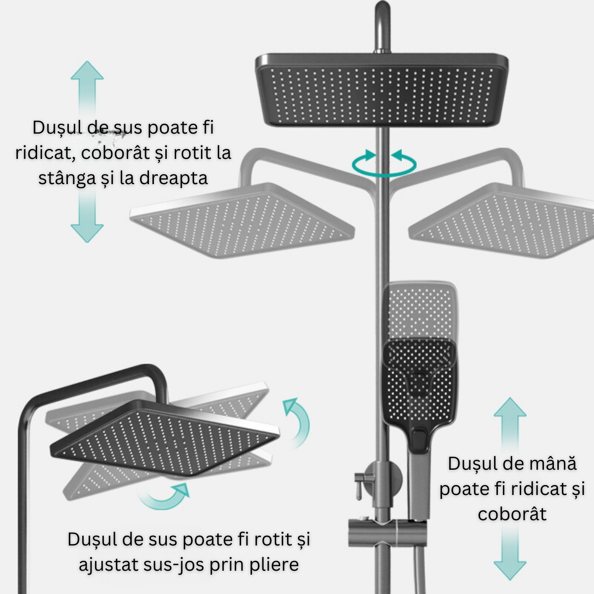 Set de dus cu Iluminare LED si afisaj Digital al Temperaturi, coloana VisionHub® cu termostat si turbina generatoare de curent integrata, montare pe perete, 4 functii de curgere a apei, dus reglabil, fix tip ploaie, dus bideu, robinet, Grafit