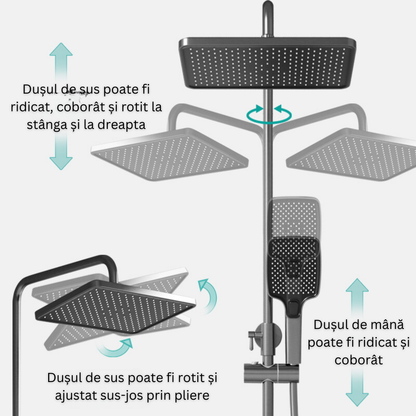 Set de dus cu Iluminare LED si afisaj Digital al Temperaturi, coloana VisionHub® cu termostat si turbina generatoare de curent integrata, montare pe perete, 4 functii de curgere a apei, dus reglabil, fix tip ploaie, dus bideu, robinet, Grafit