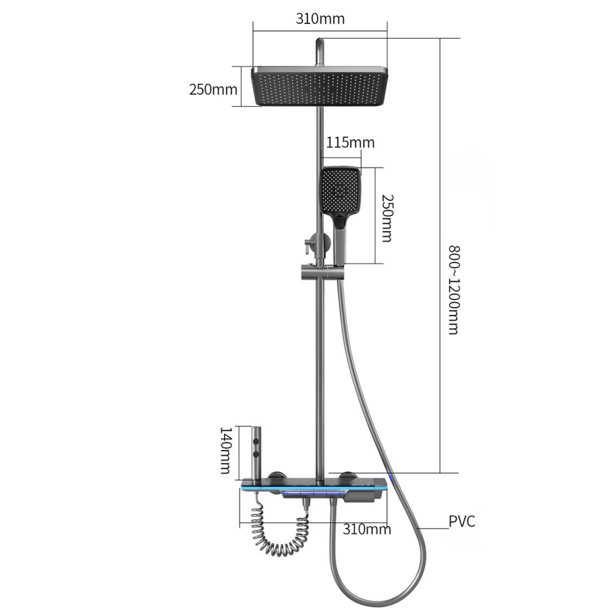Set de dus cu Iluminare LED si afisaj Digital al Temperaturi, coloana VisionHub® cu termostat si turbina generatoare de curent integrata, montare pe perete, 4 functii de curgere a apei, dus reglabil, fix tip ploaie, dus bideu, robinet, Grafit