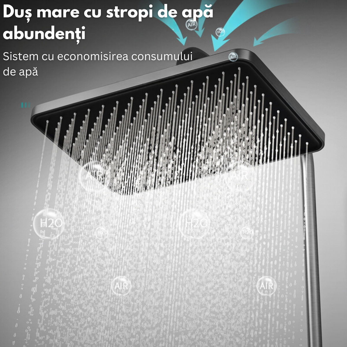 Set de dus cu Iluminare LED si afisaj Digital al Temperaturi, coloana VisionHub® cu termostat si turbina generatoare de curent integrata, montare pe perete, 4 functii de curgere a apei, dus reglabil, fix tip ploaie, dus bideu, robinet, Grafit
