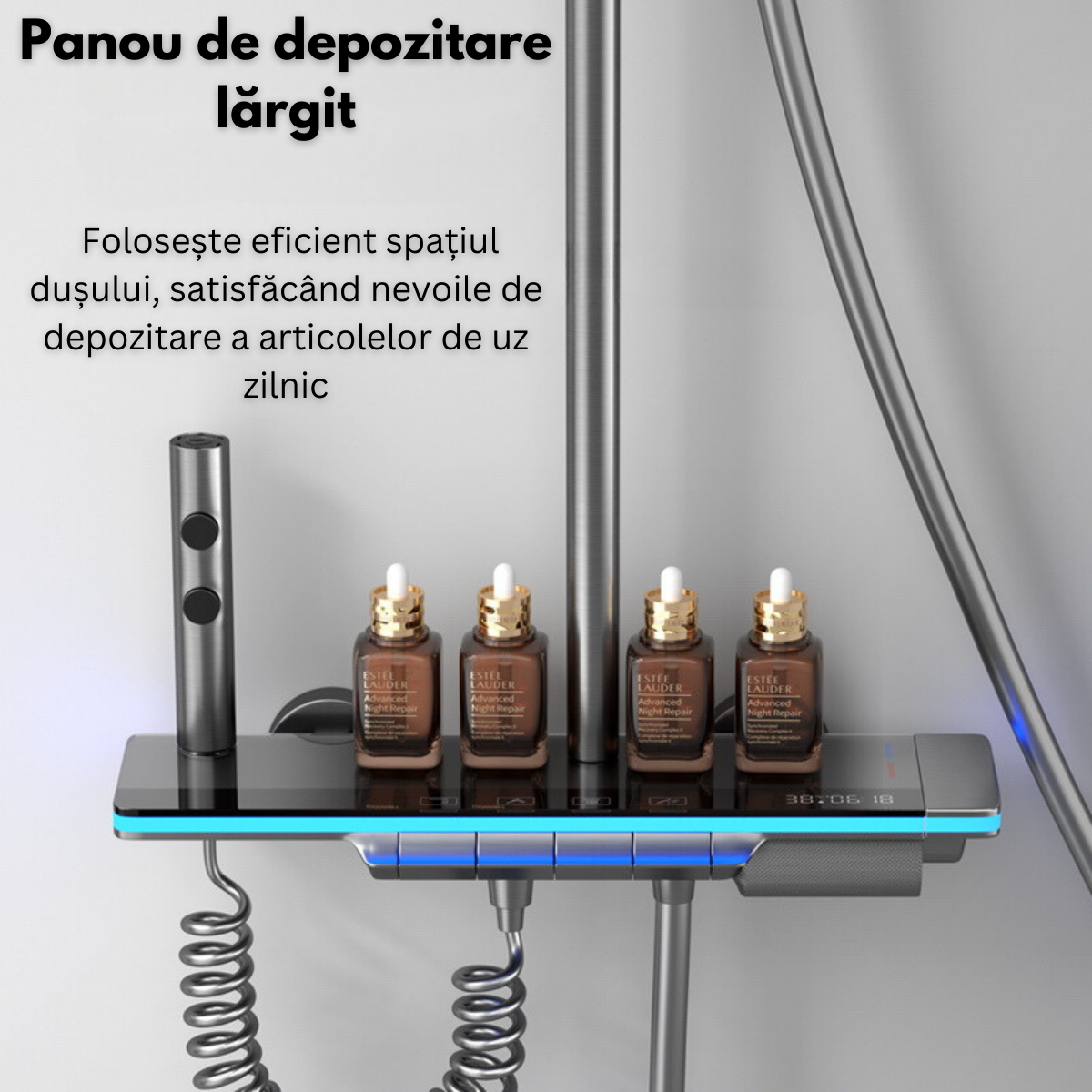 Set de dus cu Iluminare LED si afisaj Digital al Temperaturi, coloana VisionHub® cu termostat si turbina generatoare de curent integrata, montare pe perete, 4 functii de curgere a apei, dus reglabil, fix tip ploaie, dus bideu, robinet, Grafit