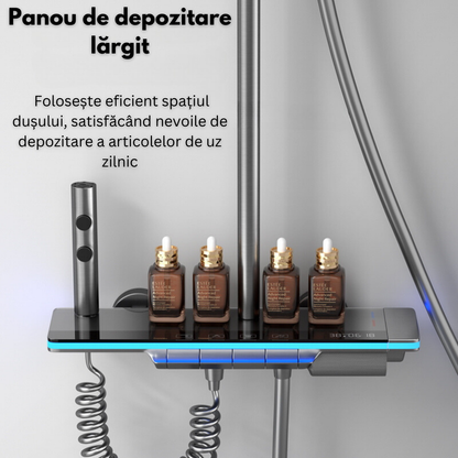 Set de dus cu Iluminare LED si afisaj Digital al Temperaturi, coloana VisionHub® cu termostat si turbina generatoare de curent integrata, montare pe perete, 4 functii de curgere a apei, dus reglabil, fix tip ploaie, dus bideu, robinet, Grafit
