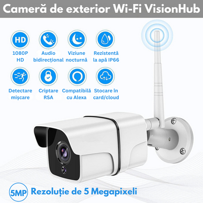 Camera Supraveghere Wireless Exterior / Interior, 5MP, VisionHub®, Conectare Telefon, WIFI, 1080P FullHD, Tuya, Comunicare bidirectionala, alarma, Senzor miscare, Night vision & Infrarosu, Rezistenta la apa, Carcasa din metal