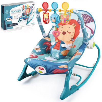 Balansoar si scaun electric 3 in 1 pentru bebelusi, VisionHub®, Multifunctional cu Cantece de leagan si vibratii linistitoare, Centura in 3 puncte si Spatar Reglabil, bara cu jucarii, husa detasabila, 0-18kg, albastru