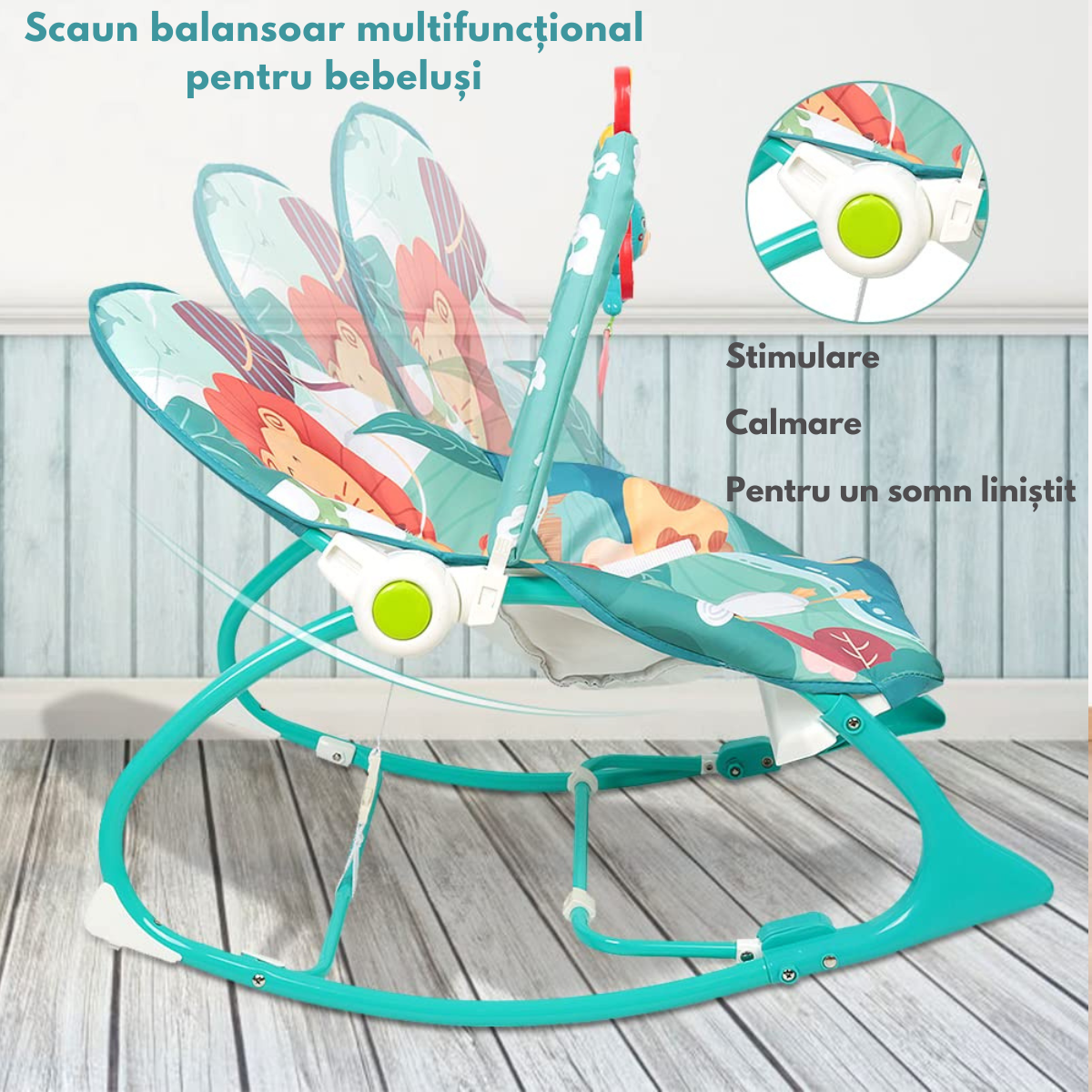 Balansoar si scaun electric 3 in 1 pentru bebelusi, VisionHub®, Multifunctional cu Cantece de leagan si vibratii linistitoare, Centura in 3 puncte si Spatar Reglabil, bara cu jucarii, husa detasabila, 0-18kg, albastru