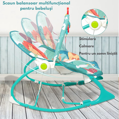 Balansoar si scaun electric 3 in 1 pentru bebelusi, VisionHub®, Multifunctional cu Cantece de leagan si vibratii linistitoare, Centura in 3 puncte si Spatar Reglabil, bara cu jucarii, husa detasabila, 0-18kg, albastru