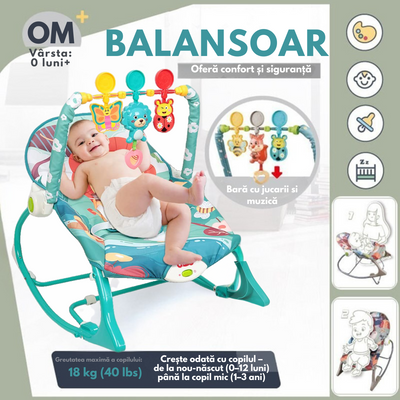 Balansoar si scaun electric 3 in 1 pentru bebelusi, VisionHub®, Multifunctional cu Cantece de leagan si vibratii linistitoare, Centura in 3 puncte si Spatar Reglabil, bara cu jucarii, husa detasabila, 0-18kg, albastru