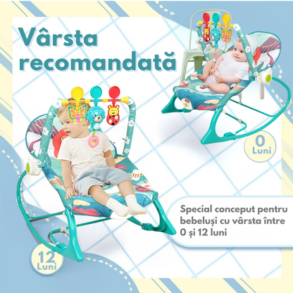 Balansoar si scaun electric 3 in 1 pentru bebelusi, VisionHub®, Multifunctional cu Cantece de leagan si vibratii linistitoare, Centura in 3 puncte si Spatar Reglabil, bara cu jucarii, husa detasabila, 0-18kg, albastru