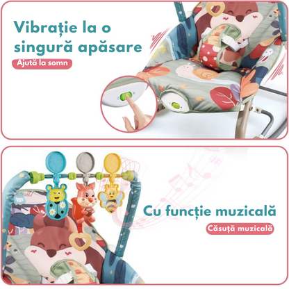 Balansoar si scaun electric 3 in 1 pentru bebelusi, VisionHub®, Multifunctional cu Cantece de leagan si vibratii linistitoare, Centura in 3 puncte si Spatar Reglabil, bara cu jucarii, husa detasabila, 0-18kg, albastru