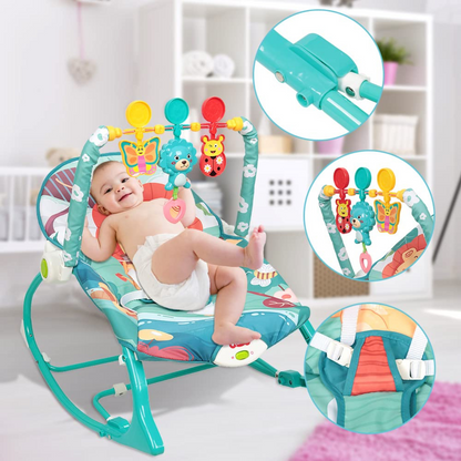 Balansoar si scaun electric 3 in 1 pentru bebelusi, VisionHub®, Multifunctional cu Cantece de leagan si vibratii linistitoare, Centura in 3 puncte si Spatar Reglabil, bara cu jucarii, husa detasabila, 0-18kg, albastru