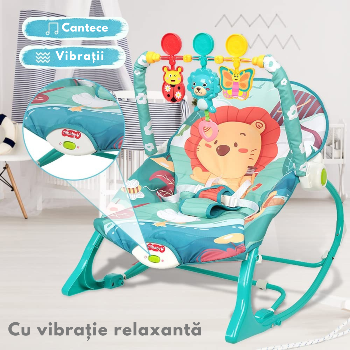 Balansoar si scaun electric 3 in 1 pentru bebelusi, VisionHub®, Multifunctional cu Cantece de leagan si vibratii linistitoare, Centura in 3 puncte si Spatar Reglabil, bara cu jucarii, husa detasabila, 0-18kg, albastru
