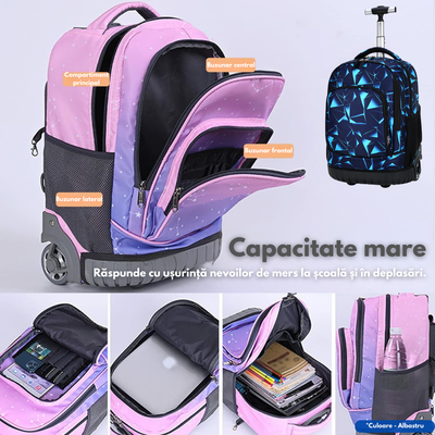 Ghiozdan Troler Multifunctional cu Rotile, Rucsac de Capacitate Mare, Pentru Fete si Baieti, Ideal pentru Scoala si Calatorii, Roti Rezistente, Impermeabil, Sistem troler telescopi, Compartimente multiple, 31x21x48 cm, Albastru