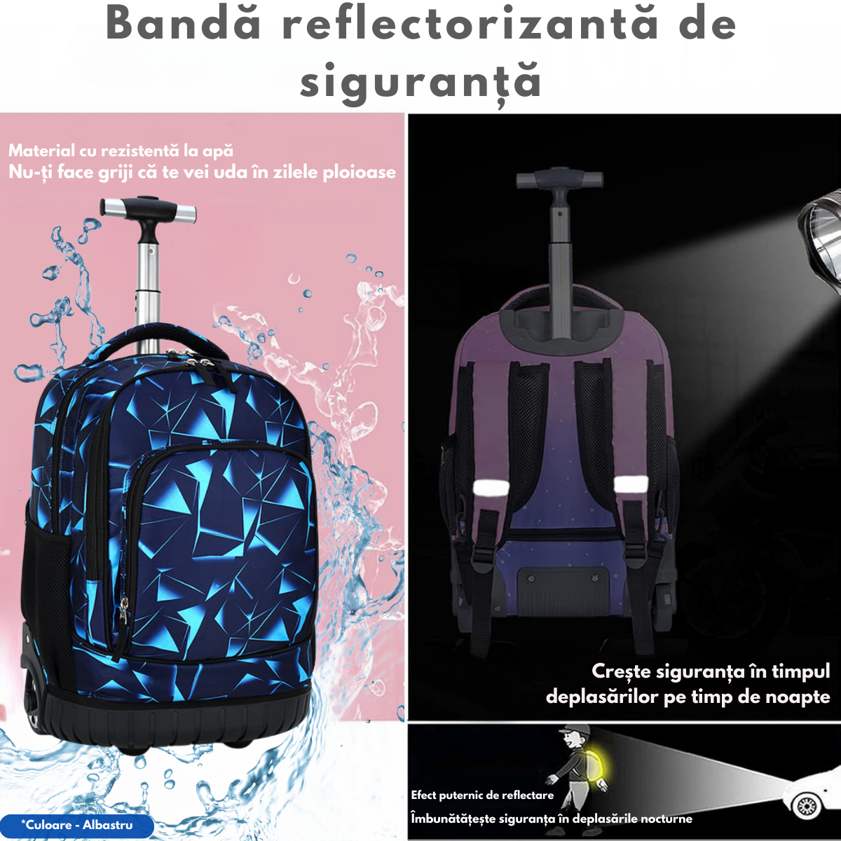 Ghiozdan Troler Multifunctional cu Rotile, Rucsac de Capacitate Mare, Pentru Fete si Baieti, Ideal pentru Scoala si Calatorii, Roti Rezistente, Impermeabil, Sistem troler telescopi, Compartimente multiple, 31x21x48 cm, Albastru