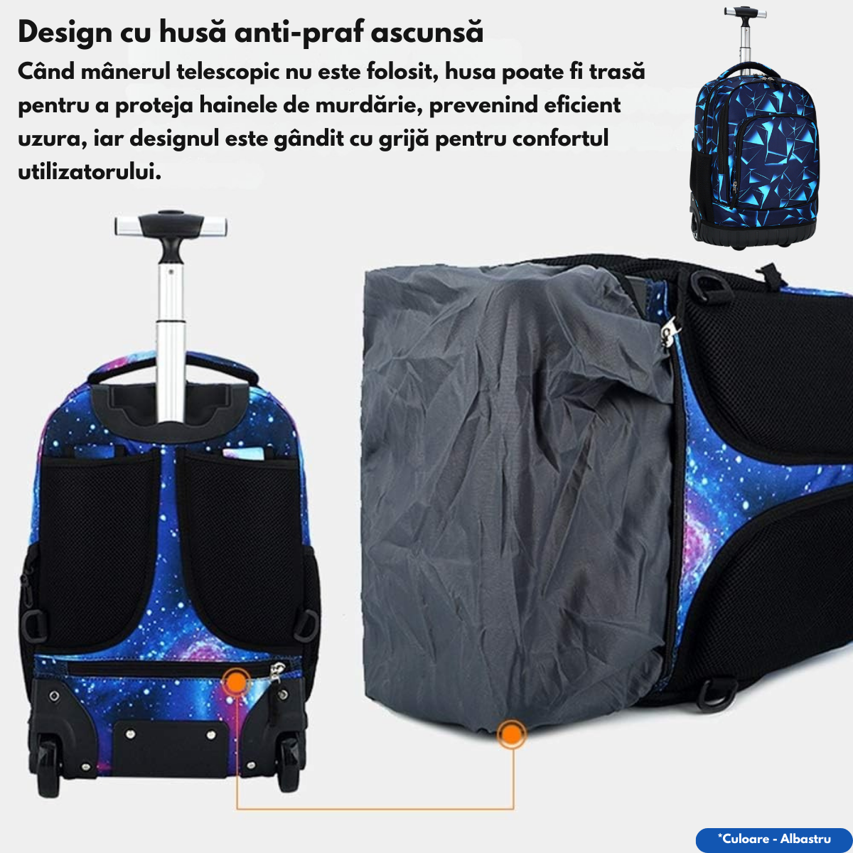 Ghiozdan Troler Multifunctional cu Rotile, Rucsac de Capacitate Mare, Pentru Fete si Baieti, Ideal pentru Scoala si Calatorii, Roti Rezistente, Impermeabil, Sistem troler telescopi, Compartimente multiple, 31x21x48 cm, Albastru