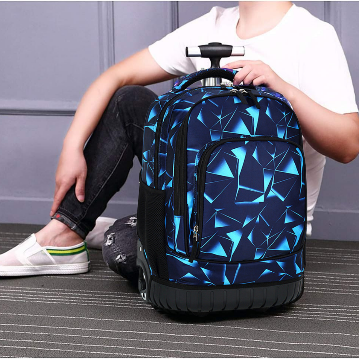 Ghiozdan Troler Multifunctional cu Rotile, Rucsac de Capacitate Mare, Pentru Fete si Baieti, Ideal pentru Scoala si Calatorii, Roti Rezistente, Impermeabil, Sistem troler telescopi, Compartimente multiple, 31x21x48 cm, Albastru