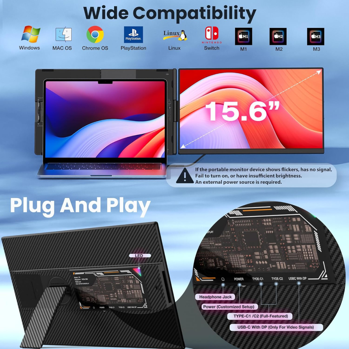Portable Extendable Monitor Qova® 15.6", FHD IPS Display for 13"-17.3" Laptops, Ultra-Slim Design, 1080p, USB-C/HDMI, External Screen for Laptop, Gaming, Office, Travel, Compatible with Windows/Mac/Linux/Switch/PS5, Plug & Play