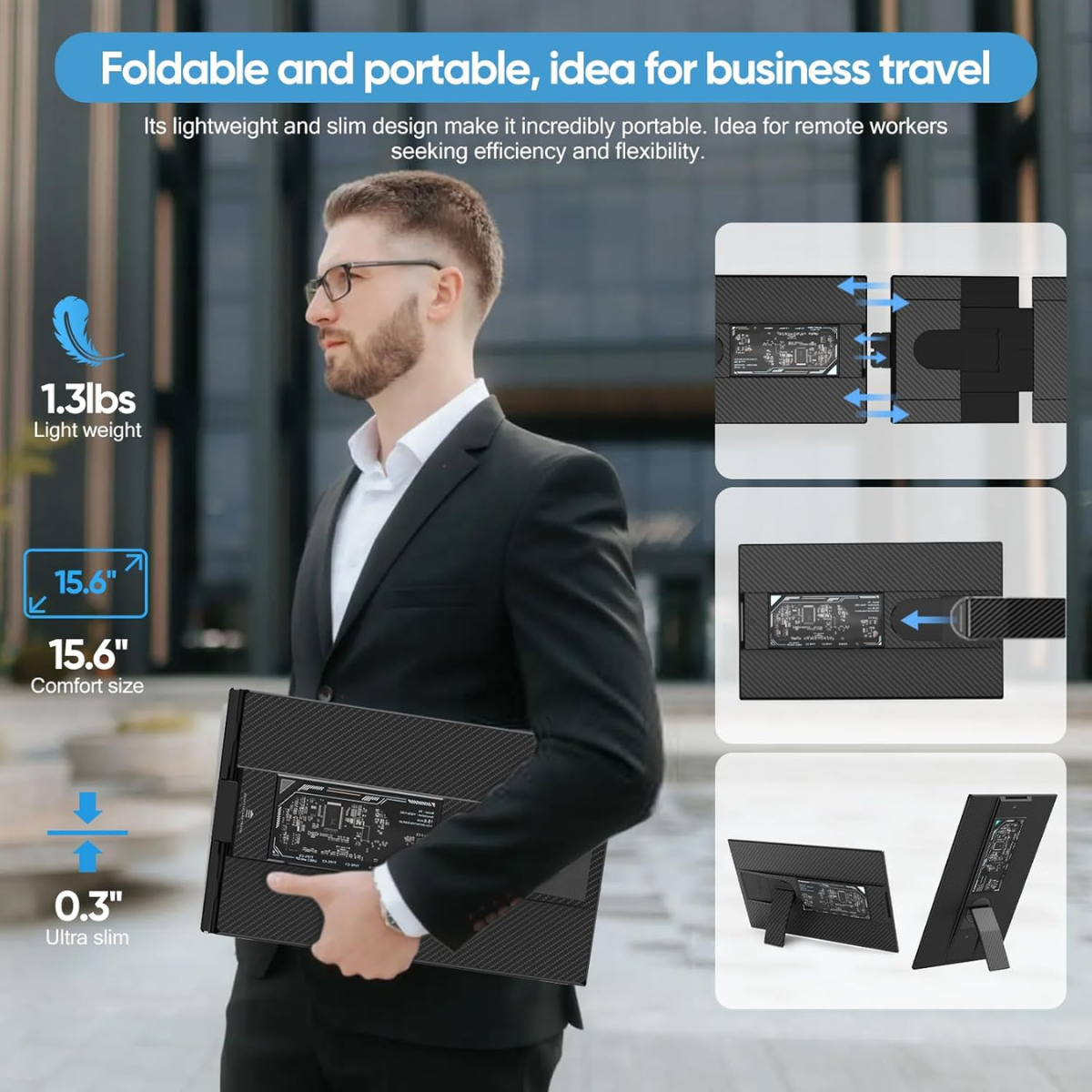 Portable Extendable Monitor Qova® 15.6", FHD IPS Display for 13"-17.3" Laptops, Ultra-Slim Design, 1080p, USB-C/HDMI, External Screen for Laptop, Gaming, Office, Travel, Compatible with Windows/Mac/Linux/Switch/PS5, Plug & Play