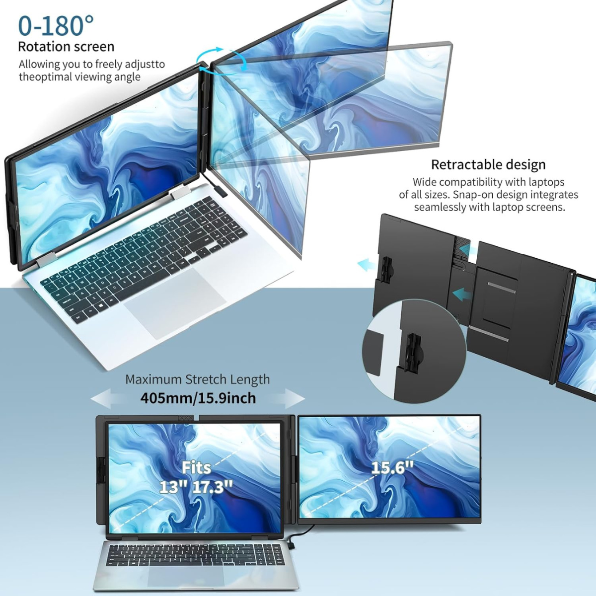 Portable Extendable Monitor Qova® 15.6", FHD IPS Display for 13"-17.3" Laptops, Ultra-Slim Design, 1080p, USB-C/HDMI, External Screen for Laptop, Gaming, Office, Travel, Compatible with Windows/Mac/Linux/Switch/PS5, Plug & Play