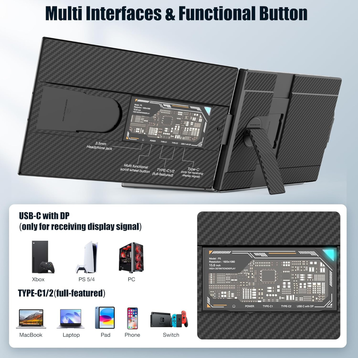 Portable Extendable Monitor Qova® 15.6", FHD IPS Display for 13"-17.3" Laptops, Ultra-Slim Design, 1080p, USB-C/HDMI, External Screen for Laptop, Gaming, Office, Travel, Compatible with Windows/Mac/Linux/Switch/PS5, Plug & Play
