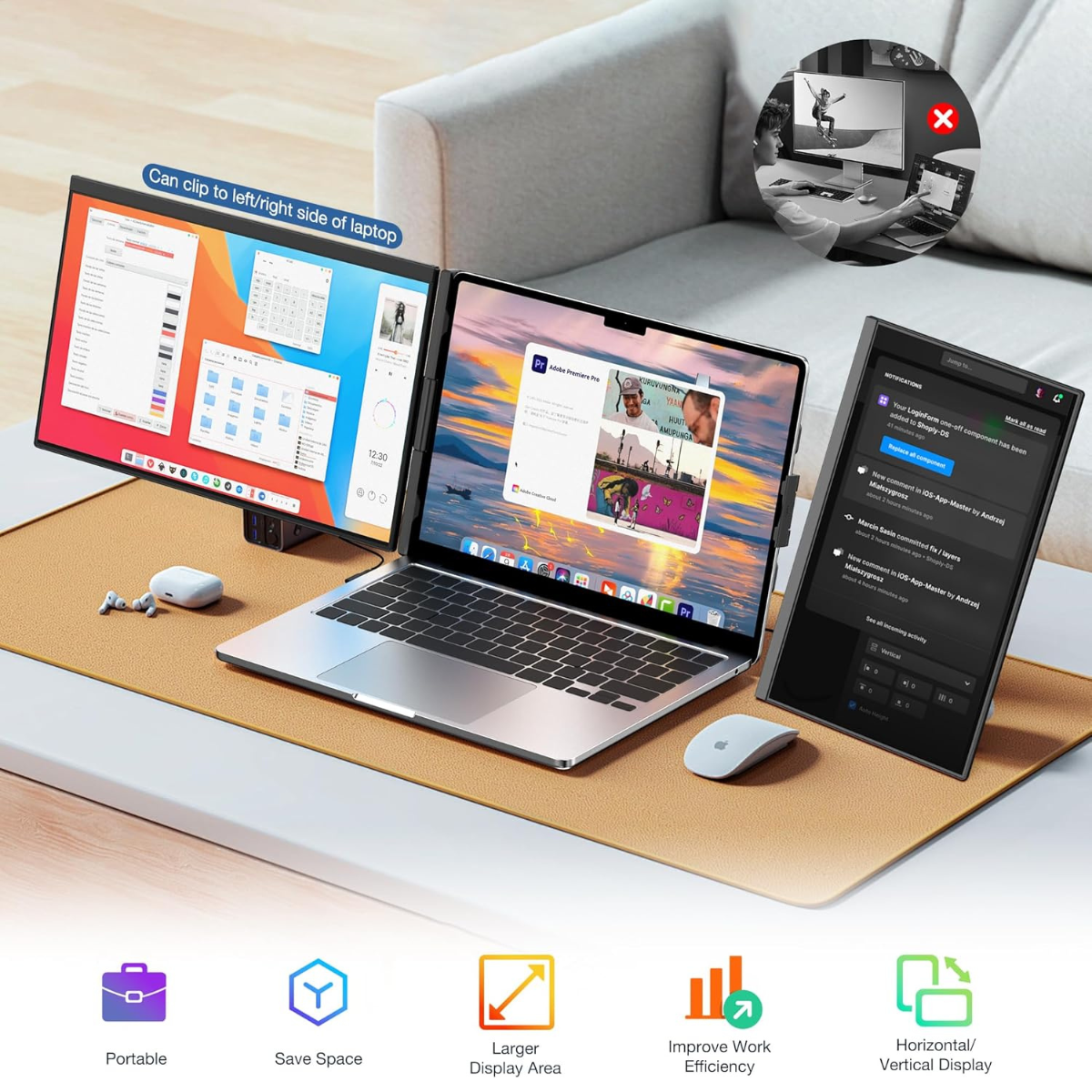 Portable Extendable Monitor Qova® 15.6", FHD IPS Display for 13"-17.3" Laptops, Ultra-Slim Design, 1080p, USB-C/HDMI, External Screen for Laptop, Gaming, Office, Travel, Compatible with Windows/Mac/Linux/Switch/PS5, Plug & Play