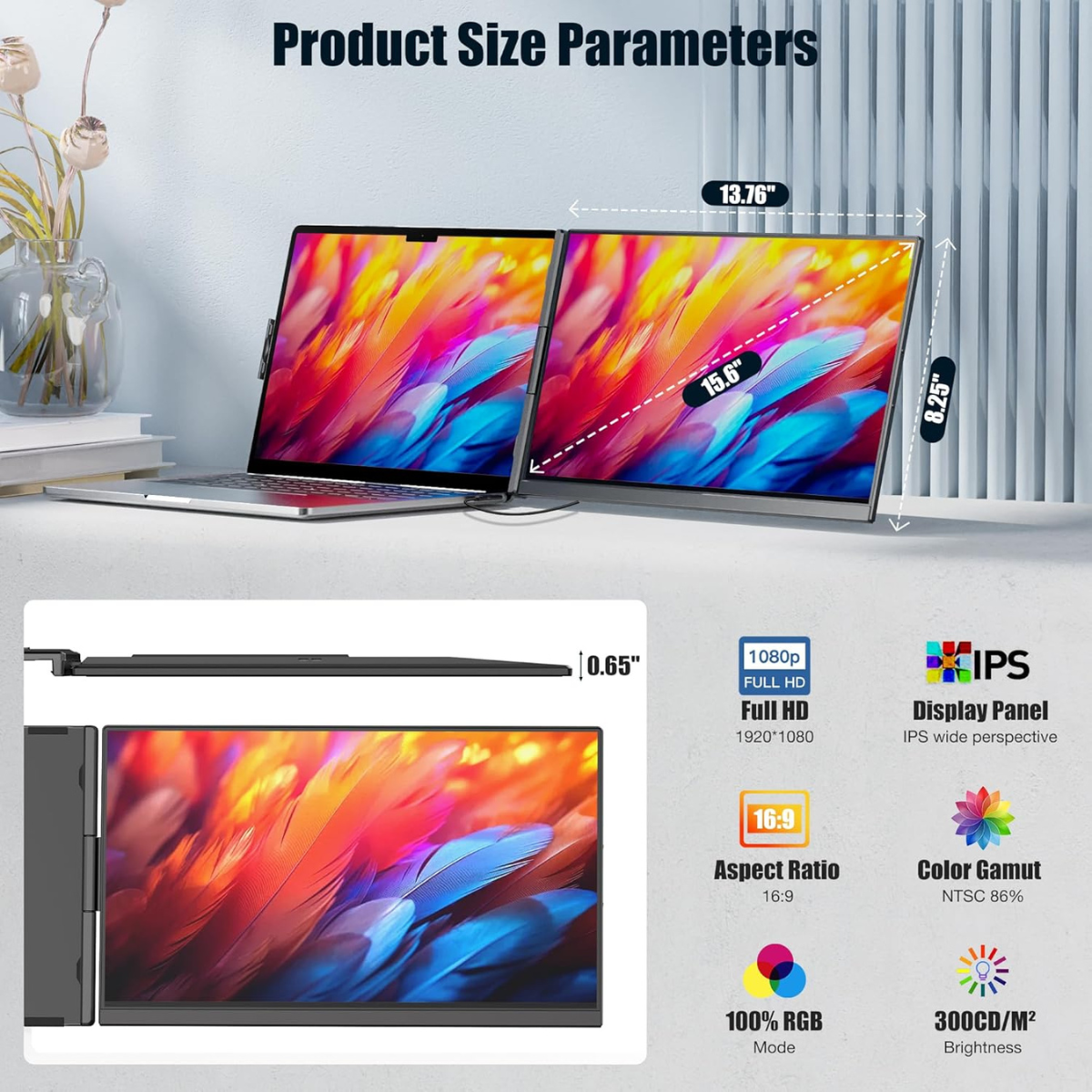 Portable Extendable Monitor Qova® 15.6", FHD IPS Display for 13"-17.3" Laptops, Ultra-Slim Design, 1080p, USB-C/HDMI, External Screen for Laptop, Gaming, Office, Travel, Compatible with Windows/Mac/Linux/Switch/PS5, Plug & Play