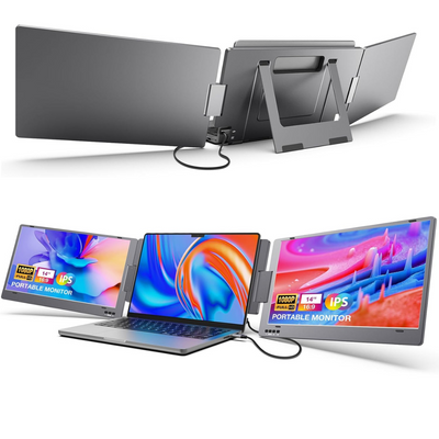 Extendable and Portable Laptop Monitor, 14-Inch FHD 1080P IPS Display, 360° Foldable, Dual Portable Extended Monitor Compatible with iOS, Android, Windows, and Mac, with USB-C and Mini HDMI Ports, Portable and Multifunctional Design, Plug & Play Extender