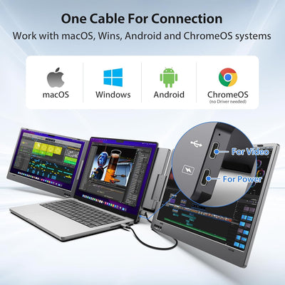 Extendable and Portable Laptop Monitor, 14-Inch FHD 1080P IPS Display, 360° Foldable, Dual Portable Extended Monitor Compatible with iOS, Android, Windows, and Mac, with USB-C and Mini HDMI Ports, Portable and Multifunctional Design, Plug & Play Extender