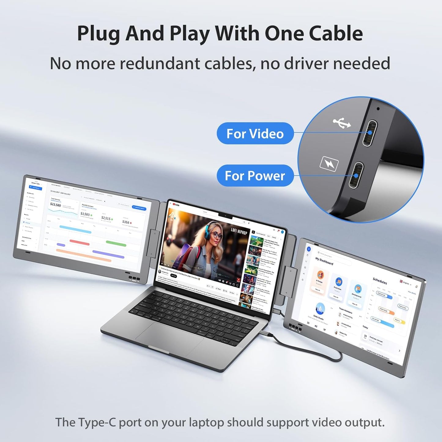 Extendable and Portable Laptop Monitor, 14-Inch FHD 1080P IPS Display, 360° Foldable, Dual Portable Extended Monitor Compatible with iOS, Android, Windows, and Mac, with USB-C and Mini HDMI Ports, Portable and Multifunctional Design, Plug & Play Extender