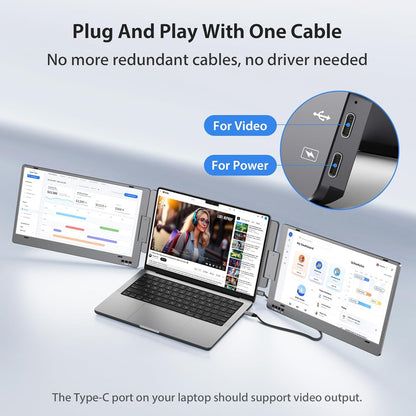 Extendable and Portable Laptop Monitor, 14-Inch FHD 1080P IPS Display, 360° Foldable, Dual Portable Extended Monitor Compatible with iOS, Android, Windows, and Mac, with USB-C and Mini HDMI Ports, Portable and Multifunctional Design, Plug & Play Extender