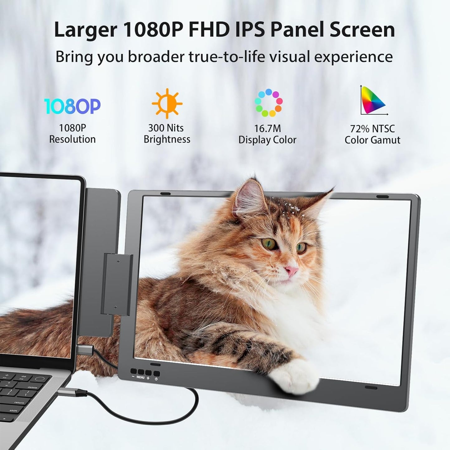 Extendable and Portable Laptop Monitor, 14-Inch FHD 1080P IPS Display, 360° Foldable, Dual Portable Extended Monitor Compatible with iOS, Android, Windows, and Mac, with USB-C and Mini HDMI Ports, Portable and Multifunctional Design, Plug & Play Extender