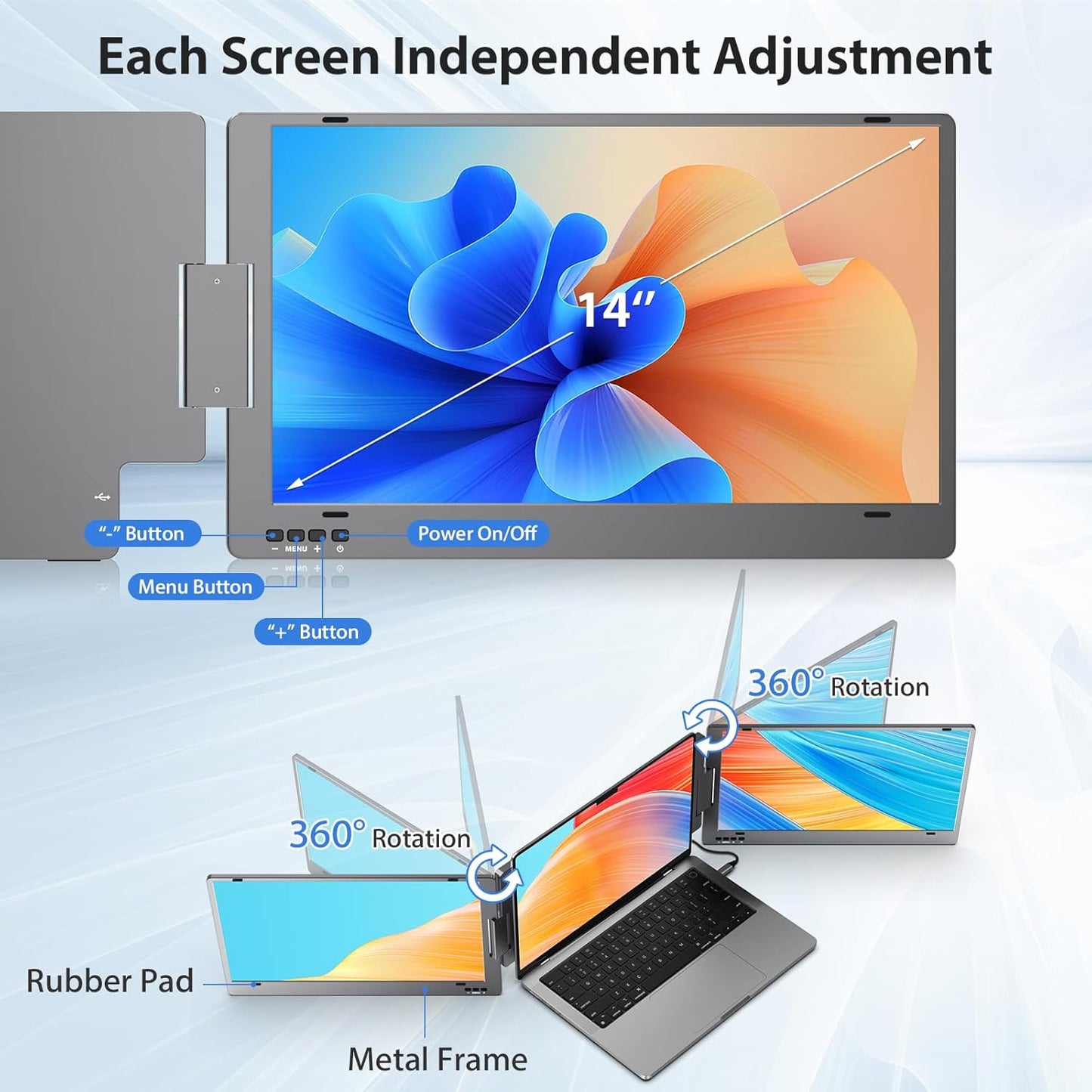 Extendable and Portable Laptop Monitor, 14-Inch FHD 1080P IPS Display, 360° Foldable, Dual Portable Extended Monitor Compatible with iOS, Android, Windows, and Mac, with USB-C and Mini HDMI Ports, Portable and Multifunctional Design, Plug & Play Extender