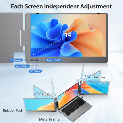 Extendable and Portable Laptop Monitor, 14-Inch FHD 1080P IPS Display, 360° Foldable, Dual Portable Extended Monitor Compatible with iOS, Android, Windows, and Mac, with USB-C and Mini HDMI Ports, Portable and Multifunctional Design, Plug & Play Extender