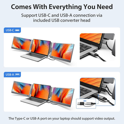 Extendable and Portable Laptop Monitor, 14-Inch FHD 1080P IPS Display, 360° Foldable, Dual Portable Extended Monitor Compatible with iOS, Android, Windows, and Mac, with USB-C and Mini HDMI Ports, Portable and Multifunctional Design, Plug & Play Extender