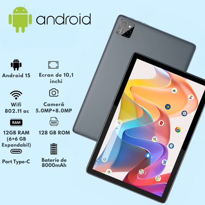 Tableta Android 15 VisionHub® 10.1 inch - 12GB RAM (6+6GB Extensibil), 128GB ROM, Octa-Core T606, 4G LTE + WiFi 5G, Camera Duala 8MP + 5MP, Baterie 8000mAh, Ecran IPS HD 1280x800, Bluetooth 5.0, GPS, USB-C