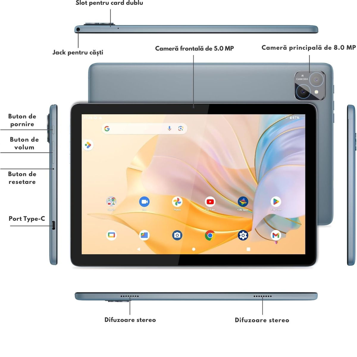 Tableta Android 15 VisionHub® 10.1 inch - 12GB RAM (6+6GB Extensibil), 128GB ROM, Octa-Core T606, 4G LTE + WiFi 5G, Camera Duala 8MP + 5MP, Baterie 8000mAh, Ecran IPS HD 1280x800, Bluetooth 5.0, GPS, USB-C