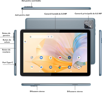 Tableta Android 15 VisionHub® 10.1 inch - 12GB RAM (6+6GB Extensibil), 128GB ROM, Octa-Core T606, 4G LTE + WiFi 5G, Camera Duala 8MP + 5MP, Baterie 8000mAh, Ecran IPS HD 1280x800, Bluetooth 5.0, GPS, USB-C