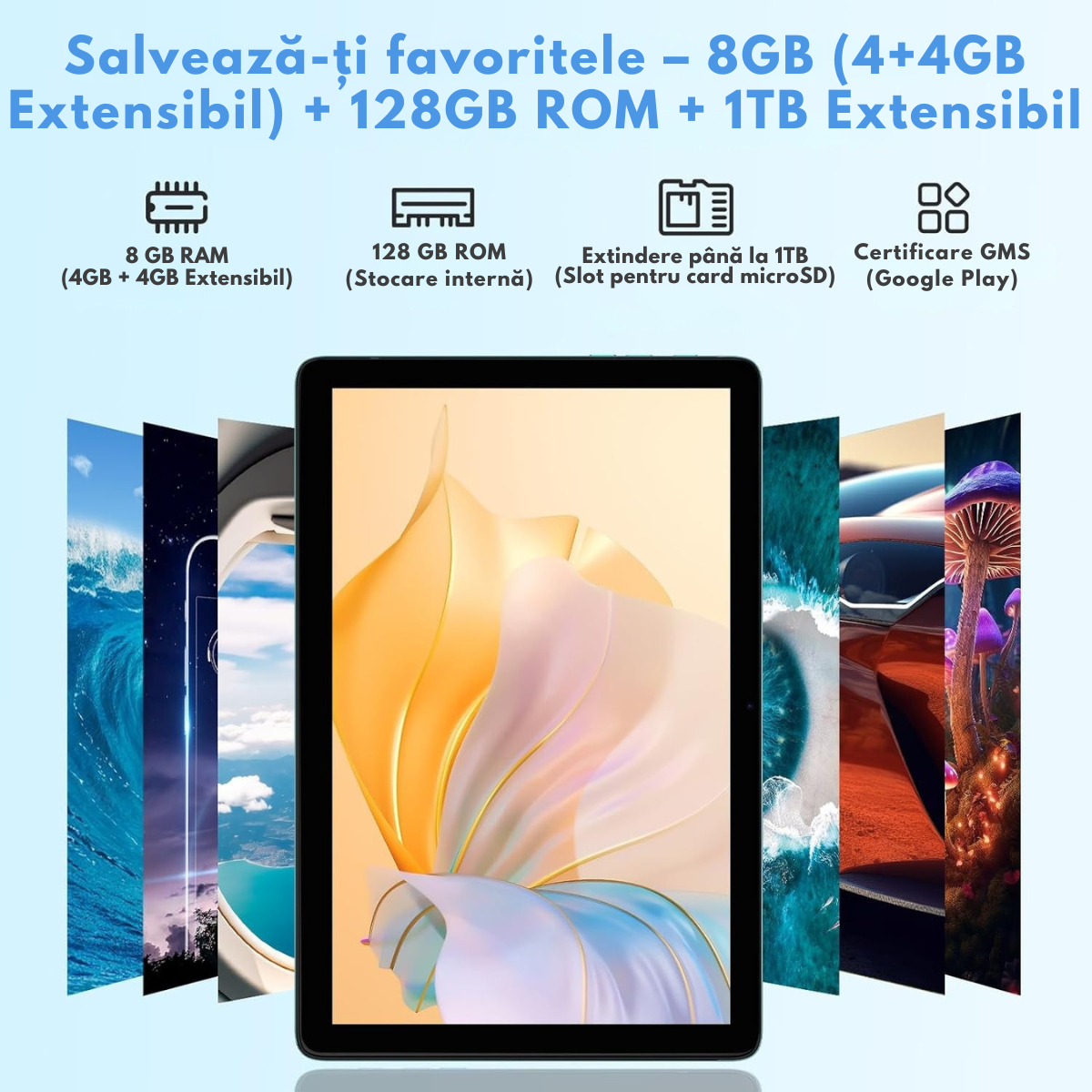 Tableta Android 15 VisionHub® 10.1 inch - 12GB RAM (6+6GB Extensibil), 128GB ROM, Octa-Core T606, 4G LTE + WiFi 5G, Camera Duala 8MP + 5MP, Baterie 8000mAh, Ecran IPS HD 1280x800, Bluetooth 5.0, GPS, USB-C