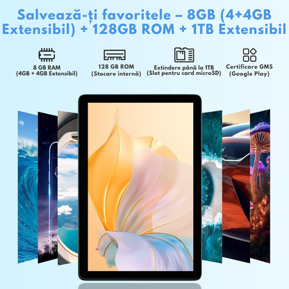 Tableta Android 15 VisionHub® 10.1 inch - 12GB RAM (6+6GB Extensibil), 128GB ROM, Octa-Core T606, 4G LTE + WiFi 5G, Camera Duala 8MP + 5MP, Baterie 8000mAh, Ecran IPS HD 1280x800, Bluetooth 5.0, GPS, USB-C