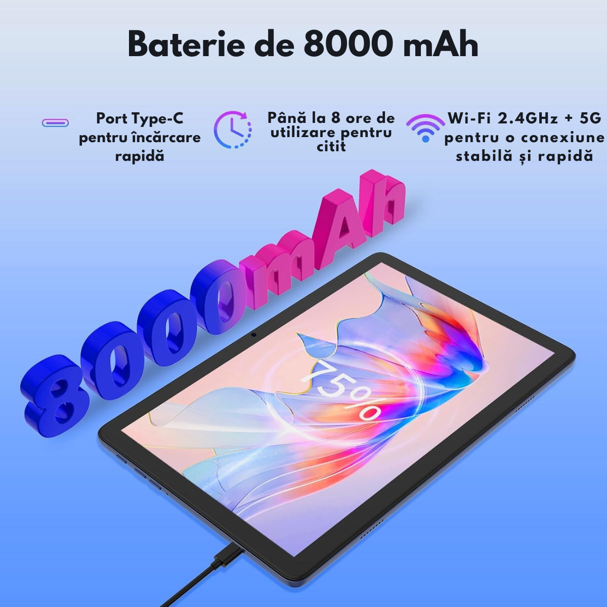 Tableta Android 15 VisionHub® 10.1 inch - 12GB RAM (6+6GB Extensibil), 128GB ROM, Octa-Core T606, 4G LTE + WiFi 5G, Camera Duala 8MP + 5MP, Baterie 8000mAh, Ecran IPS HD 1280x800, Bluetooth 5.0, GPS, USB-C